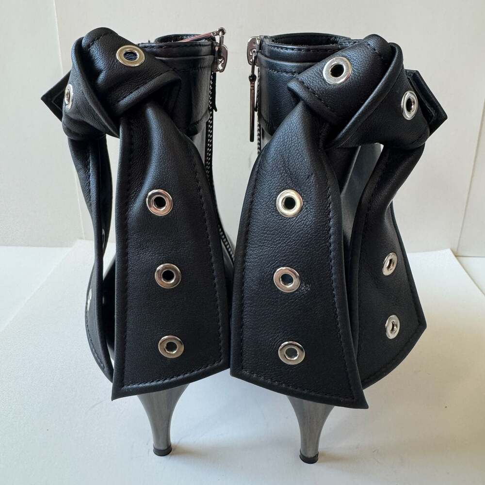 Alexander McQueen Black Leather Buckle Grommet Knot Ankle Boots Size 36.5